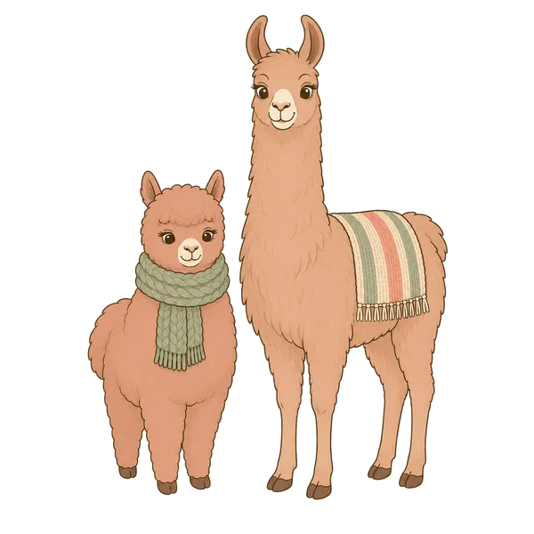 Illustration: Alpaka und Lama nebeneinander, das Lama deutlich größer mit langen Ohren