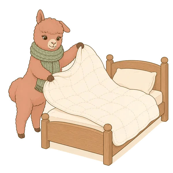 Illustration: Alpaka schüttelt eine Bettdecke über einem Bett auf