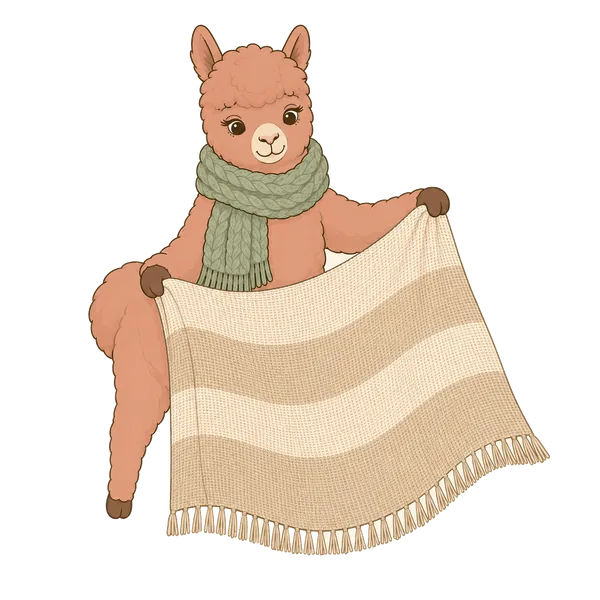 Illustration: Alpaka breitet eine gestreifte Wolldecke aus