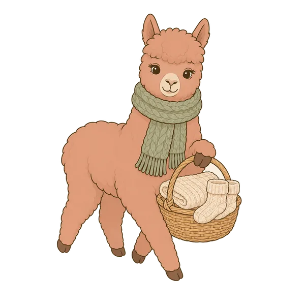Illustration: Alpaka trägt einen Korb mit Decke und Socken