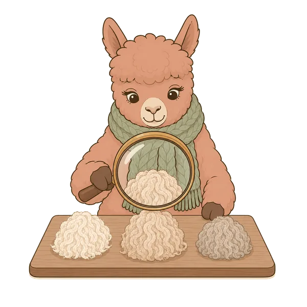 Illustration: Alpaka prüft drei Wollproben mit einer Lupe