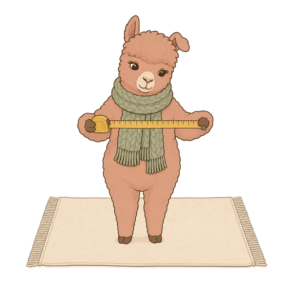 Illustration: Alpaka misst eine Decke mit dem Bandmaß