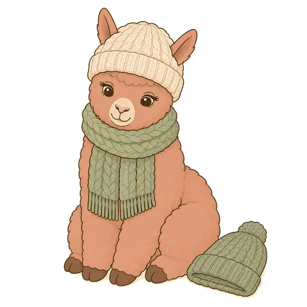 Illustration: Alpaka mit gestrickter Wintermütze