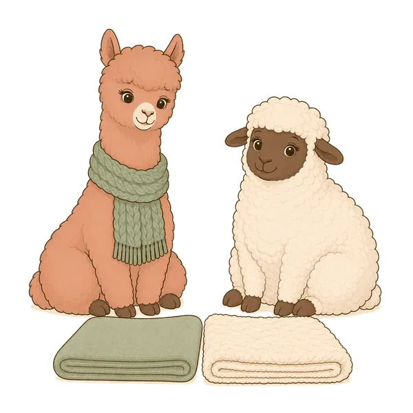 Illustration: Alpaka und Schaf nebeneinander, davor zwei gefaltete Decken