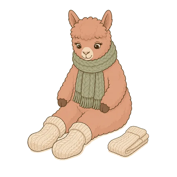 Illustration: Alpaka mit gestrickten Wollsocken an den Füßen