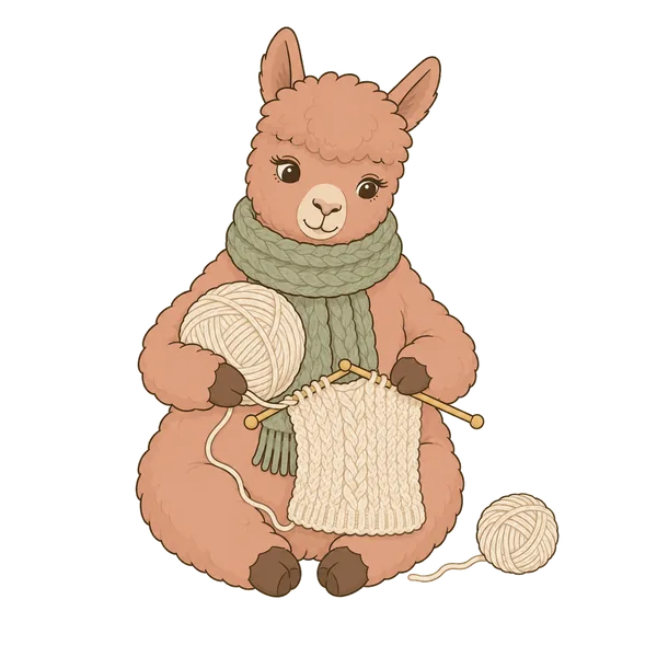 Illustration: Alpaka strickt mit Alpakagarn