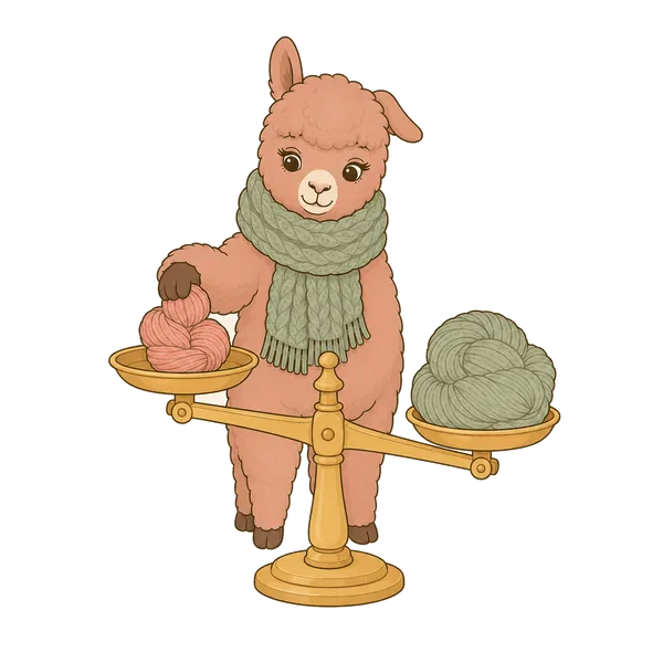 Illustration: Alpaka wiegt zwei Wollknäuel auf einer Balkenwaage
