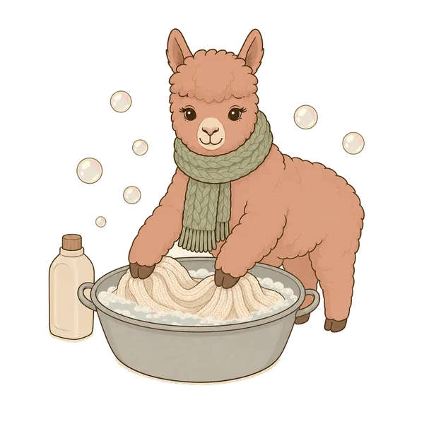 Illustration: Alpaka wäscht eine Decke im Zuber